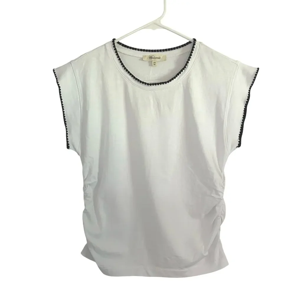 Madewell Women's Side Cinch Crewneck Stitching Detail White Tee Top XS New - Picture 2 of 9